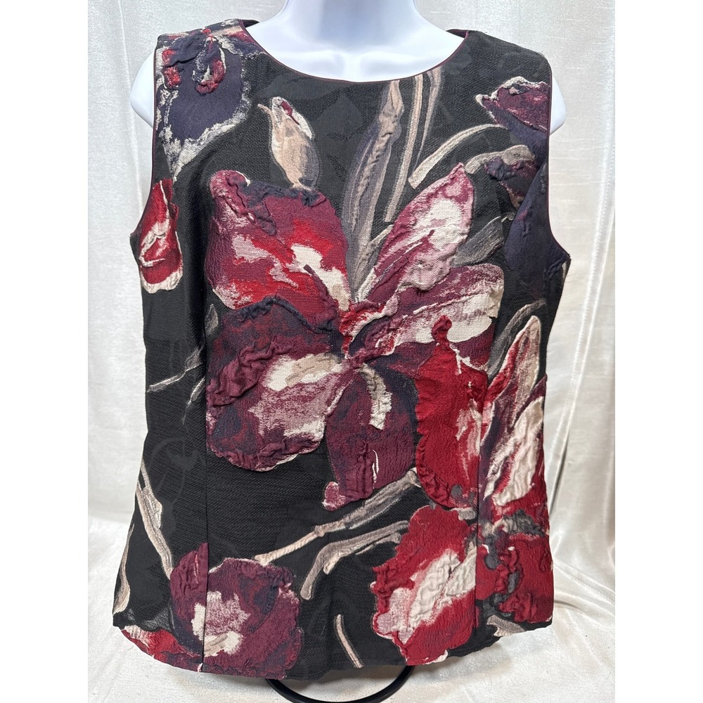 Lafayette 148 New York Womens 10 Floral Jacquard Shell Top Black Burgundy Red